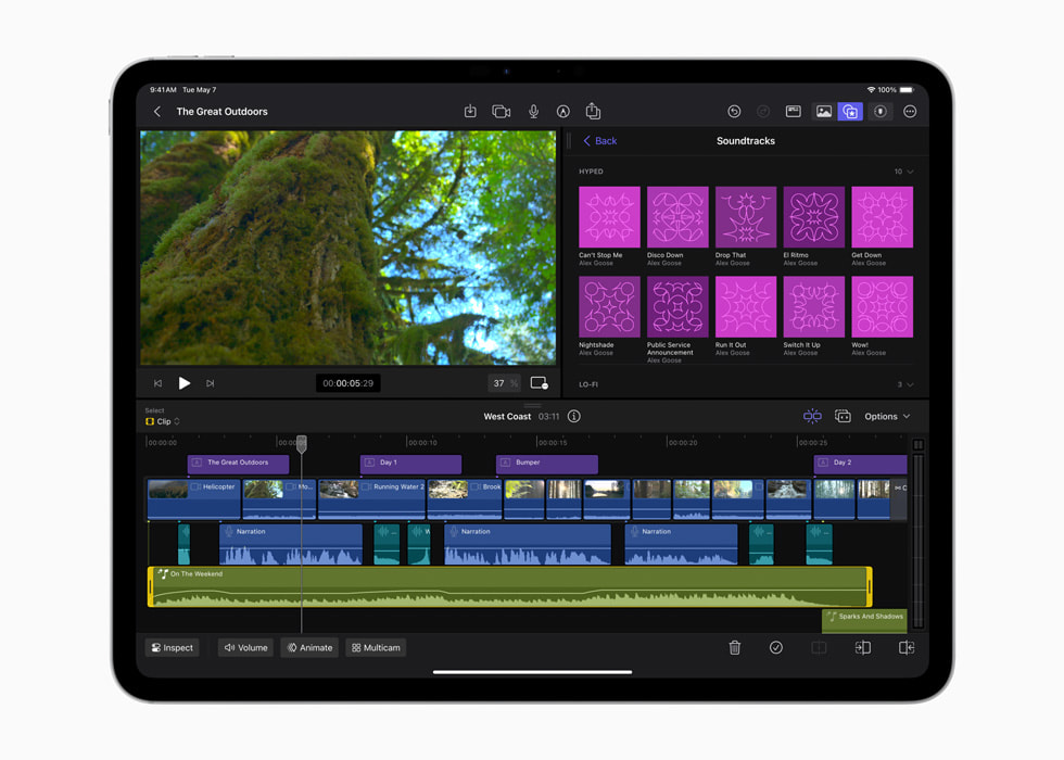 Lydspor er vist i Final Cut Pro for iPad 2 på en 13-tommers iPad Pro i stellarsvart.