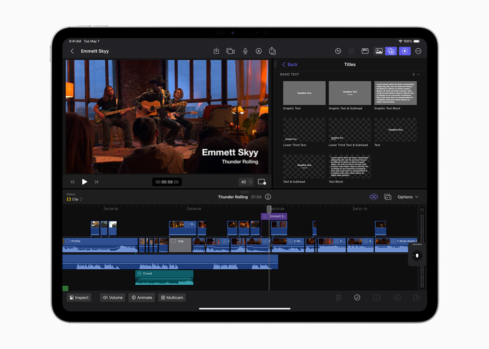 Basic text titles are shown in Final Cut Pro for iPad 2 on a 13-inch iPad Pro in space black.