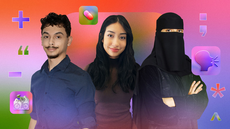 Una imagen en color con los retratos de tres de los ganadores del Swift Student Challenge: Dezmond Blair, Elena Galluzzo y Jawaher Shaman.