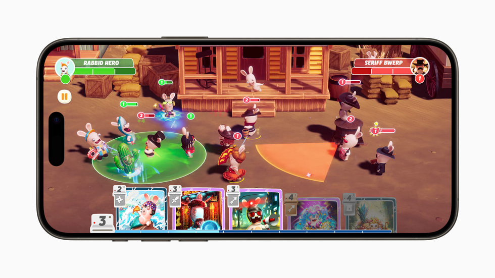 Gameplay for Rabbids: Legends of the Multiverse is shown on iPhone 15 Pro.
