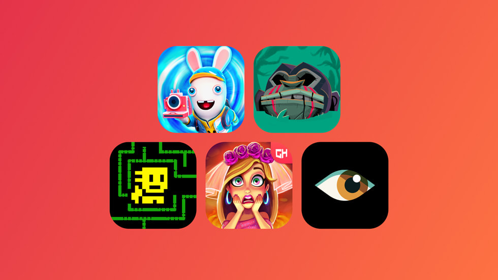 A collage of five icons representing new titles coming to Apple Arcade in May and June 2024: Rabbids: Legends of the Multiverse, Return to Monkey Island+, Tomb of the Mask+, Fabulous - Wedding Disaster+, and Where Cards Fall.