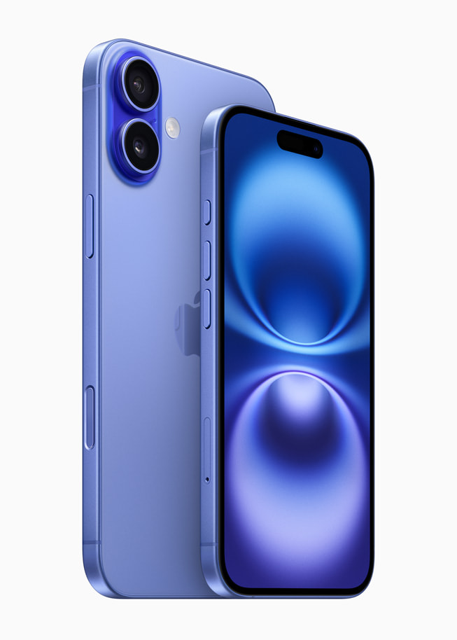 iPhone 16 và iPhone 16 Plus màu xanh lưu ly hiển thị bên cạnh nhau.