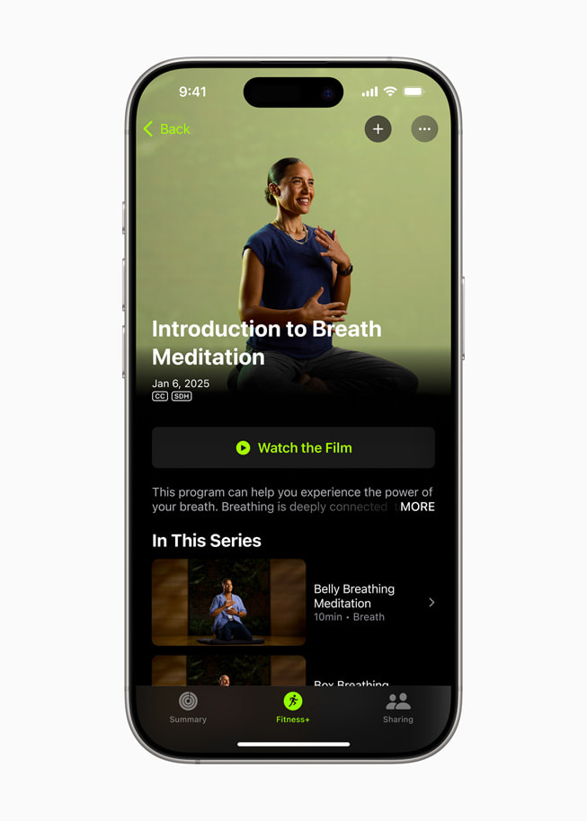 Das Programm Einführung in die Atemmeditation in Apple Fitness+ auf einem iPhone 16.