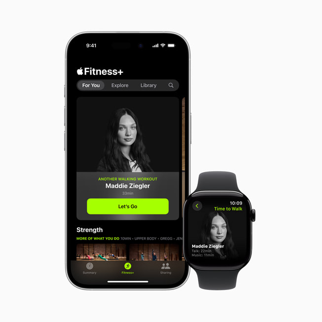 Die Zeit fürs Gehen-Folge von Maddie Ziegler in Apple Fitness+ auf einem iPhone 16 und einer Apple Watch.