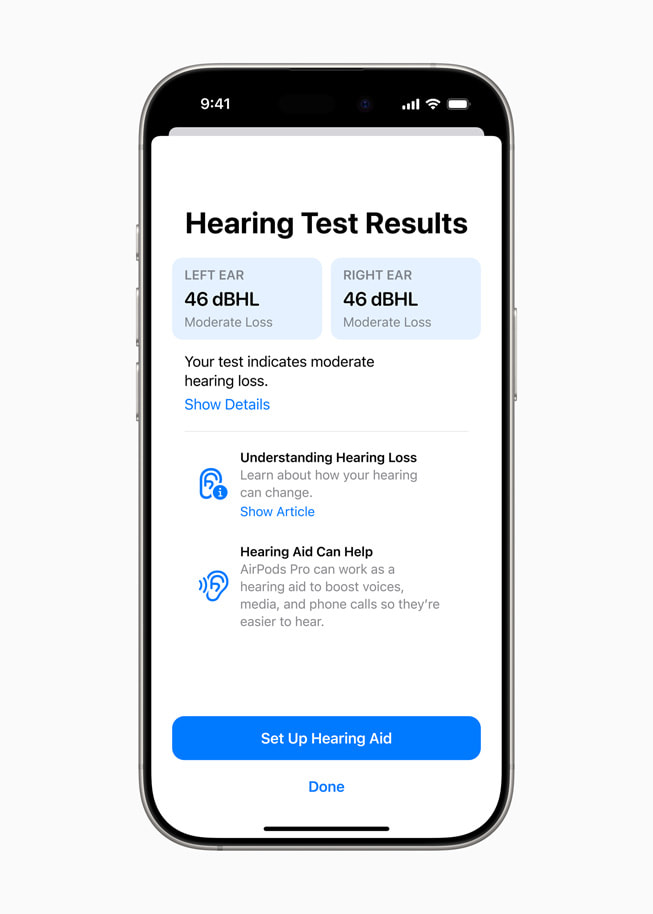A user’s Hearing Test results are shown on iPhone 16 Pro.