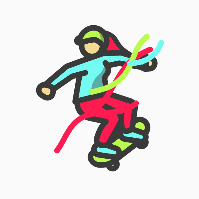 Icône illustrée d’une personne faisant de la planche à roulettes.