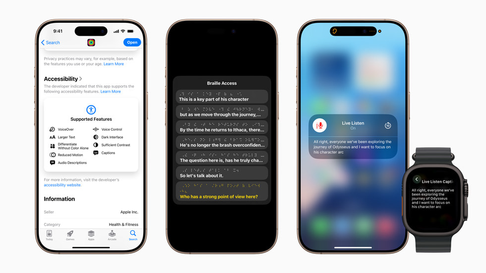 Accessibility Nutrition Labels, Braille Access, and Live Listen controls are each displayed onscreen on iPhone, along with Live Captions on Apple Watch.