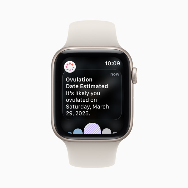 Een afbeelding van een Apple Watch SE 3 met een schatting van de ovulatie op basis van eerdere gegevens.