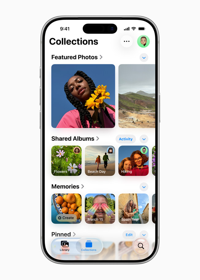 iPhone 17 Pro wyświetla aplikację Zdjęcia z różnymi kolekcjami, w tym zdjęciami wyróżnionymi, albumami udostępnionymi, wspomnieniami i przypiętymi zdjęciami.