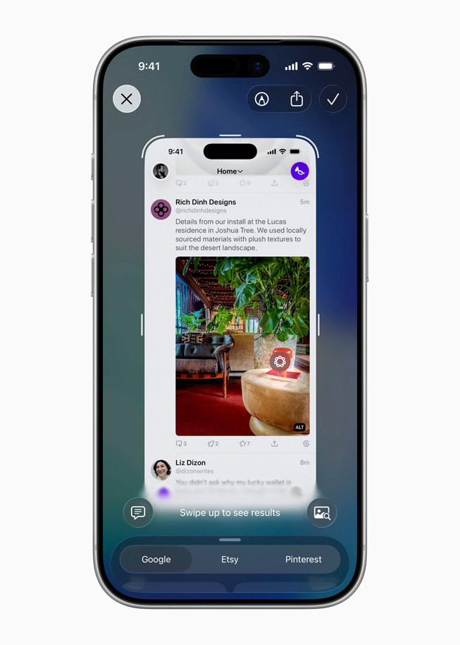 Na iPhonie 17 Pro pokazano obraz wnętrza z możliwością wyszukiwania w serwisach Google, Etsy lub Pinterest.