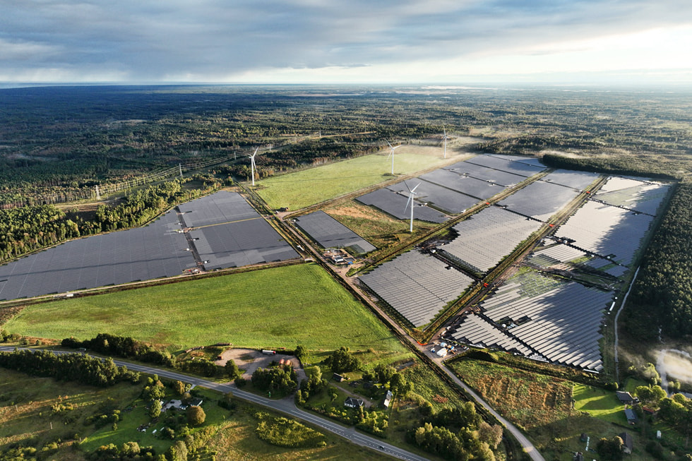 An aerial view of an Apple-funded renewable energy operation in Latvia.