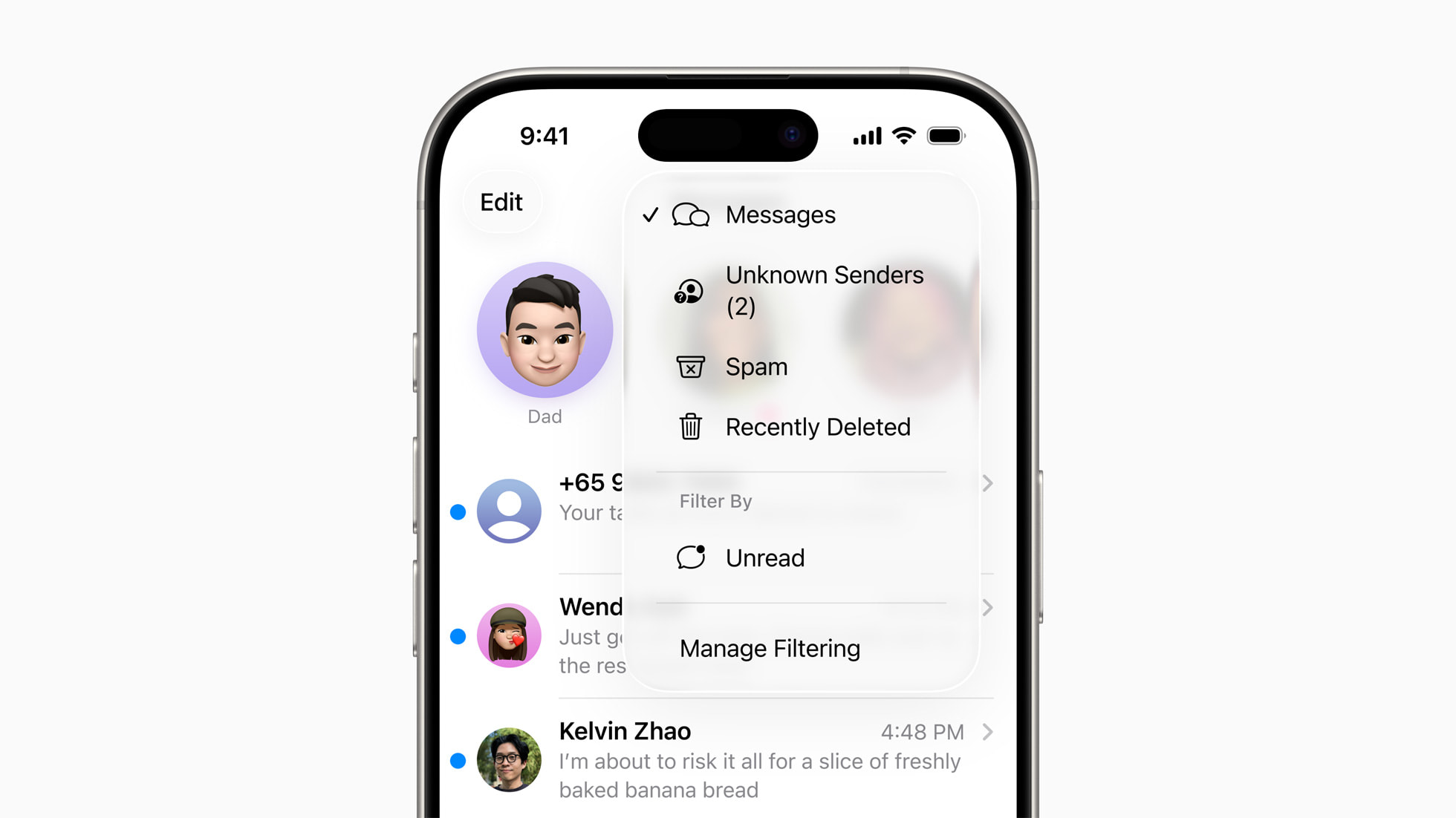 The Filters menu in Messages on iPhone, listing Messages, Unknown Senders, Spam, Recently Deleted and Manage Filtering