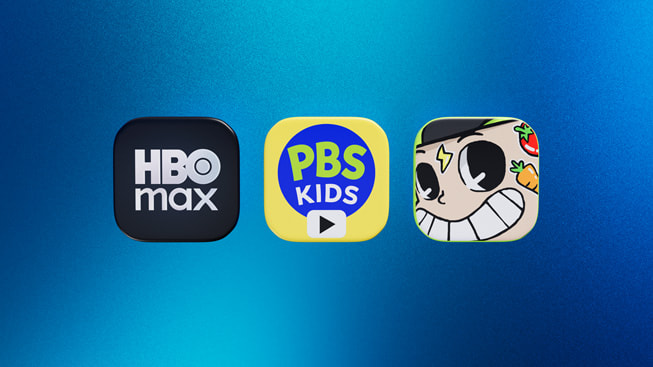 Three icons representing HBO Max, PBS KIDS Video, and Super Farming Boy.
