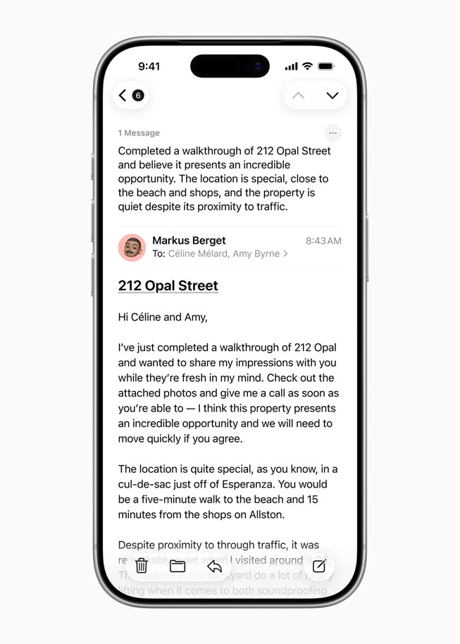 iPhone shows the summary of an email message.