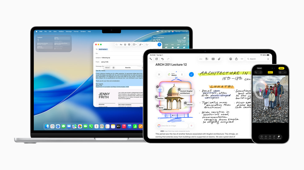 MacBook, iPad og iPhone viser forskellige Apple Intelligence-skærmbilleder med funktionerne Skriveværktøjer, Billedmagi og Visk ud.