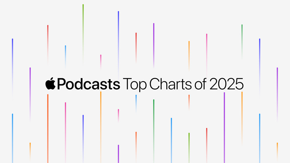 แบนเนอร์ภาพที่มีข้อความ "ชาร์ตรายการยอดนิยมบน Apple Podcasts ประจำปี 2025"  พร้อมเส้นสีสันสดใสด้านหลัง