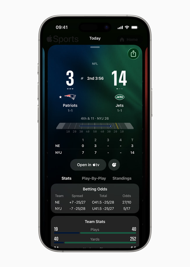 iPhone 17 Pro shows an Apple Sports screen, featuring an NFL game with the live score as well as betting odds.