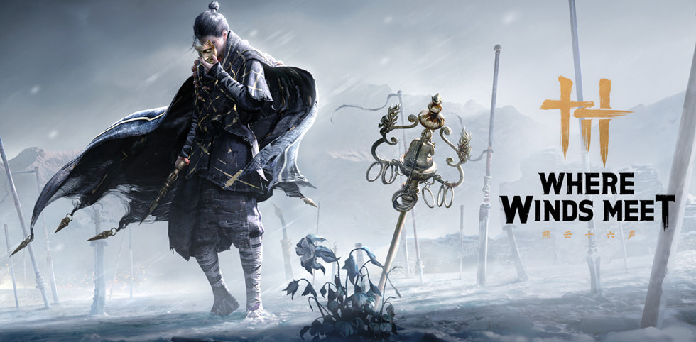 一名角色站在白雪覆蓋的景色中，正從臉上取下面具。