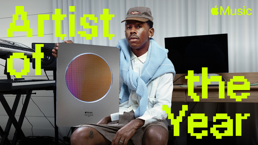 Tyler, The Creator poses with the Apple Music Artist of the Year Award.