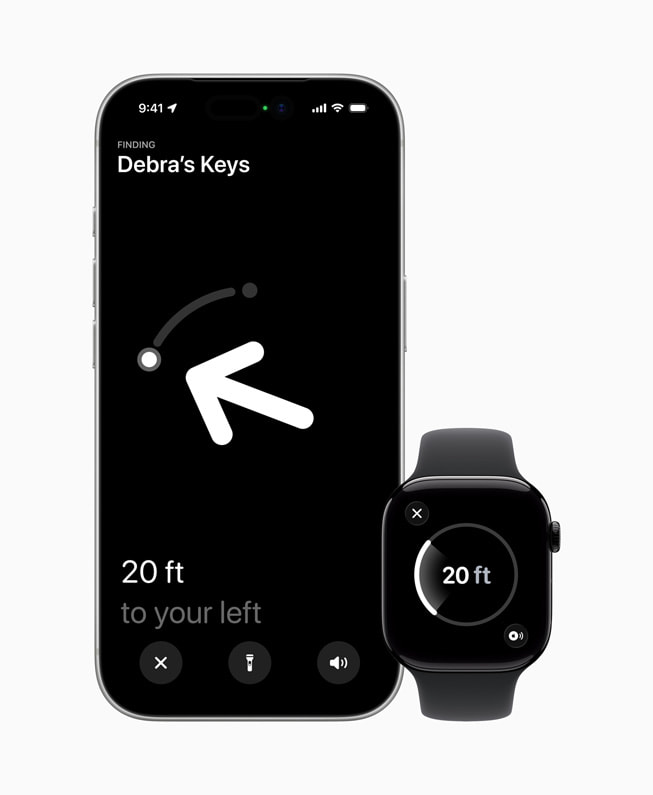 Na Apple Watch użytkownika widać, że przedmiot oznaczony jako „Klucze Debry” znajduje się w odległości sześciu metrów.