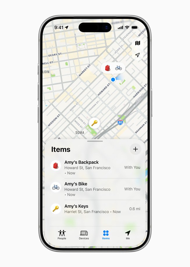 Na ekranie iPhone’a 17 Pro widać mapę oraz listę przedmiotów użytkownika.
