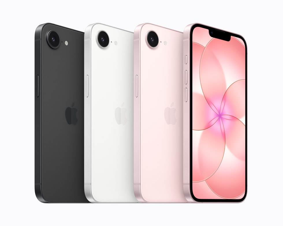 Four iPhone 17e devices - one in black, one in white, and two in pink - are shown.