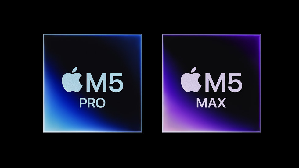 A graphic representation of Apple's M5 Pro and M5 Max against a black background.