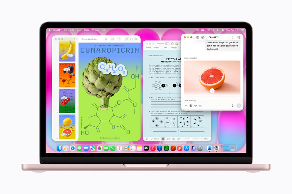 A person uses ChatGPT and Canva on their blush MacBook Neo.