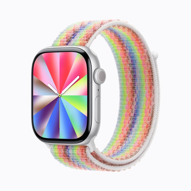 Apple Watch Series 11 is paired with the Pride Luminance watch face and Pride Edition Sport Loop.