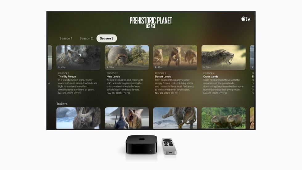 The Apple TV interface shows a menu for the show “Prehistoric Planet: Ice Age” with the standard text size.