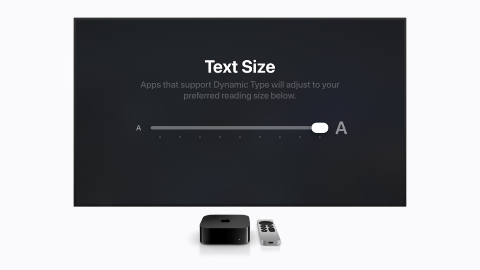 The Apple TV interface shows a control for increasing the text size.