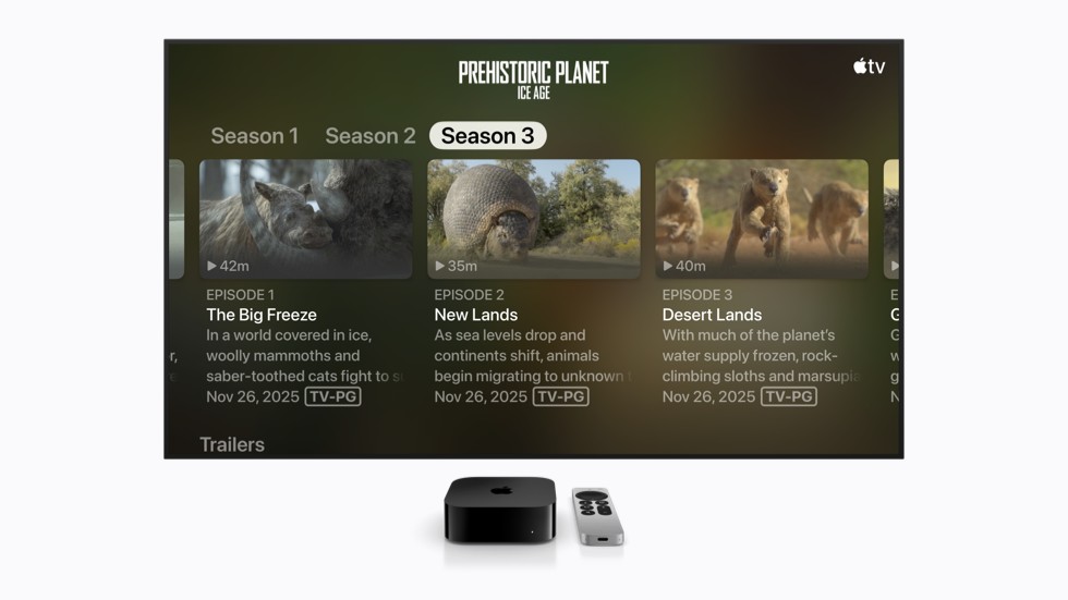 The Apple TV interface shows a menu for the show “Prehistoric Planet: Ice Age” with a larger text size.