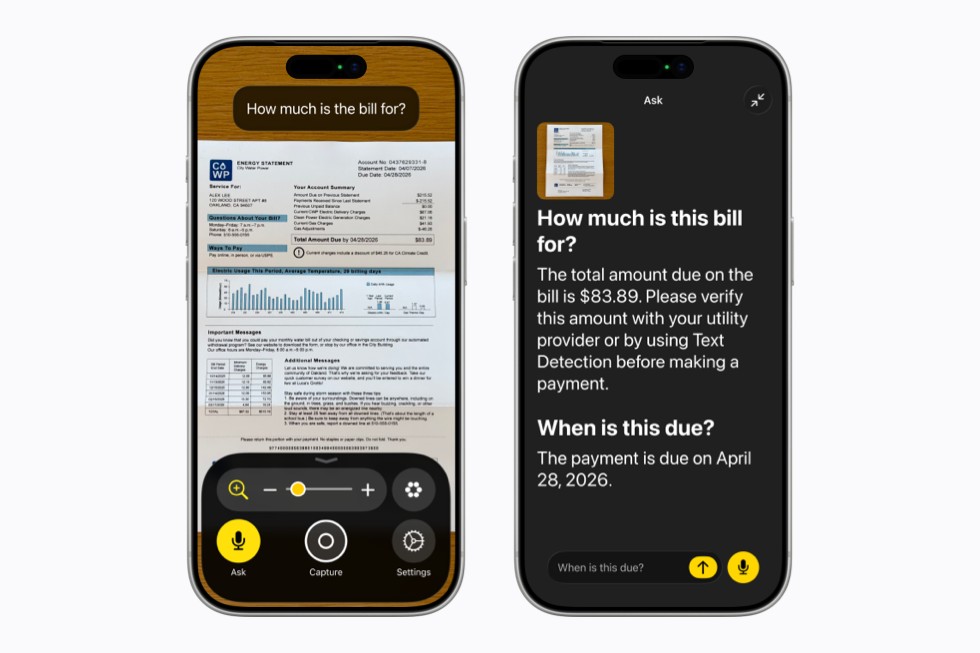An iPhone screen on the left shows the Magnifier app capturing an energy bill as the user asks 