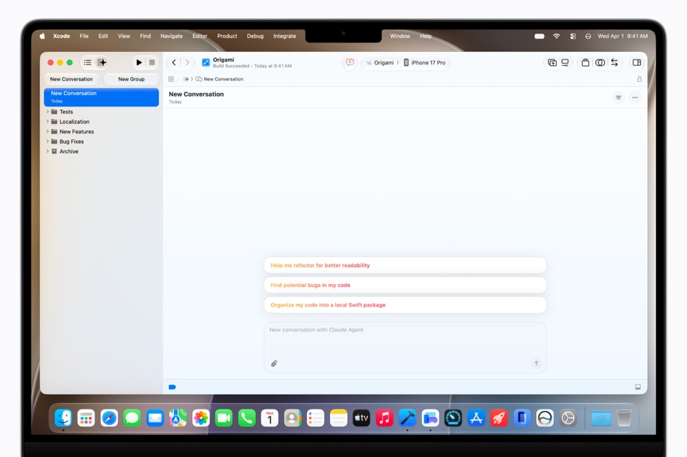 MacBook Pro แสดงหน้าการสนทนาแบบใหม่ใน Xcode 27