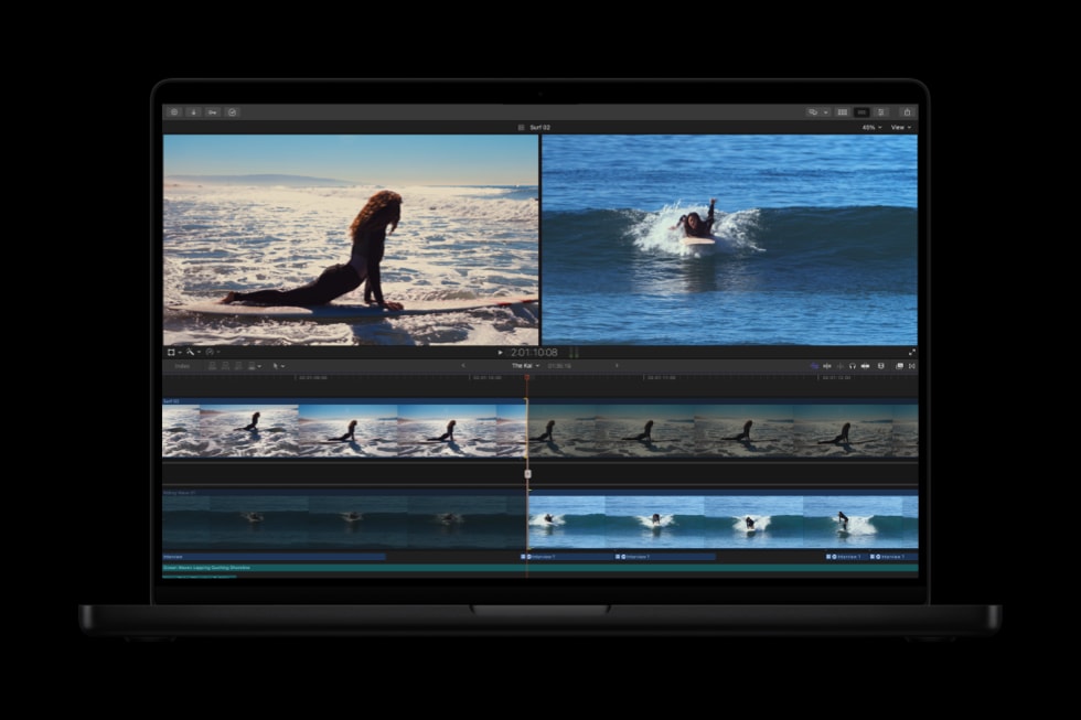 Ein MacBook Pro mit der Funktion Erweitertes Trimmen in Final Cut Pro.
