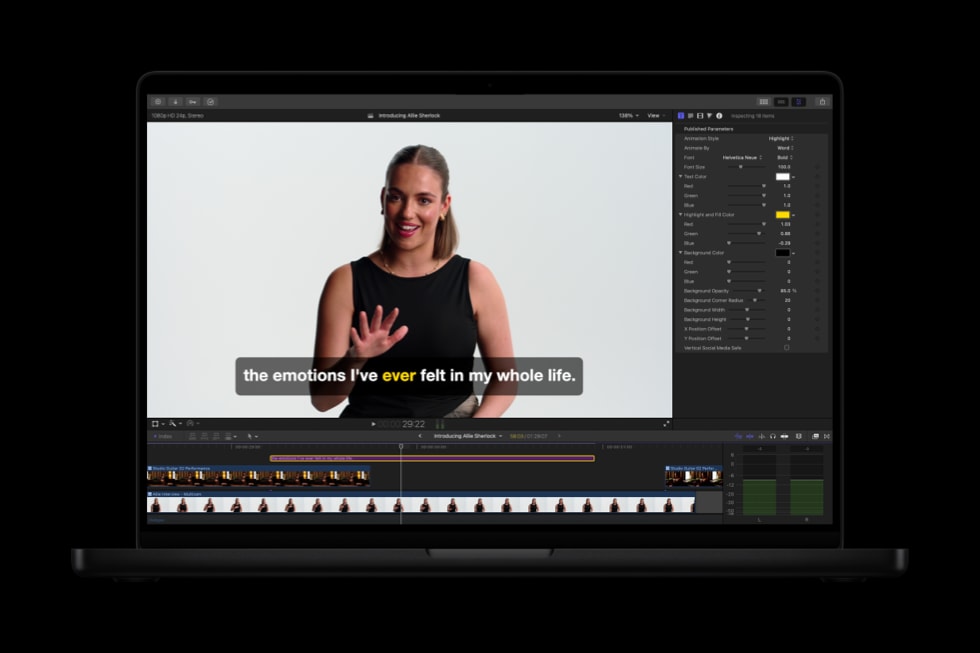 Ein MacBook Pro mit der Funktion Untertitel generieren in Final Cut Pro.
