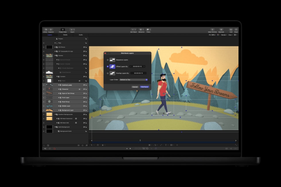 Ein MacBook Pro mit der Funktion Ebenen verteilen in Motion,
