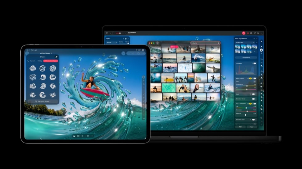 Die Funktion zum Erstellen von Formen auf einem iPad Pro und der Content Hub auf einem MacBook Pro.
