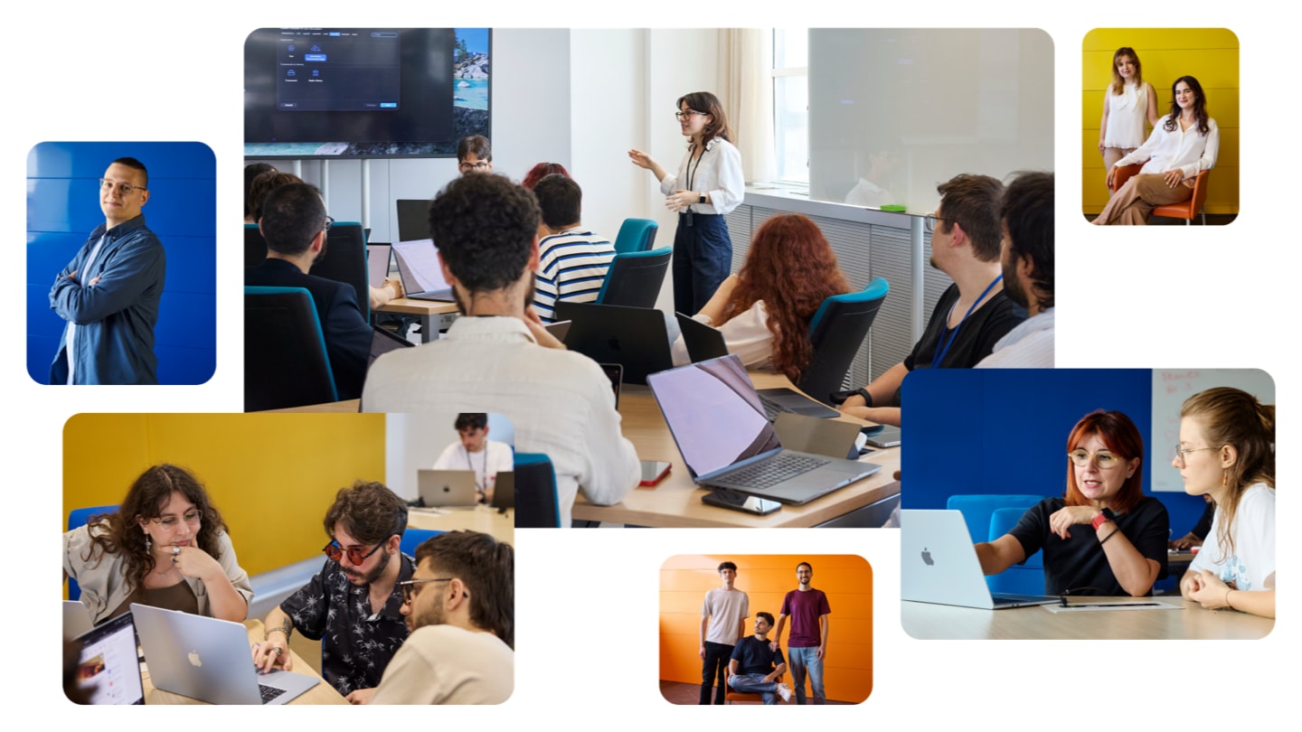 Un collage colorato con immagini di developer e trainer della Apple Developer Academy di Napoli.