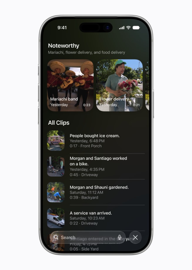 Een iPhone 17 Pro met in de Woning-app een Noteworthy-gedeelte met verschillende opnames van beveiligingscamera’s.