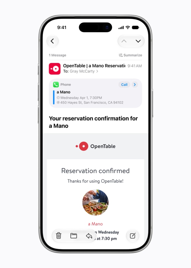 Een iPhone 17 Pro-scherm met een melding over een reservering voor een restaurant, met details over het restaurant en de reservering in Mail.