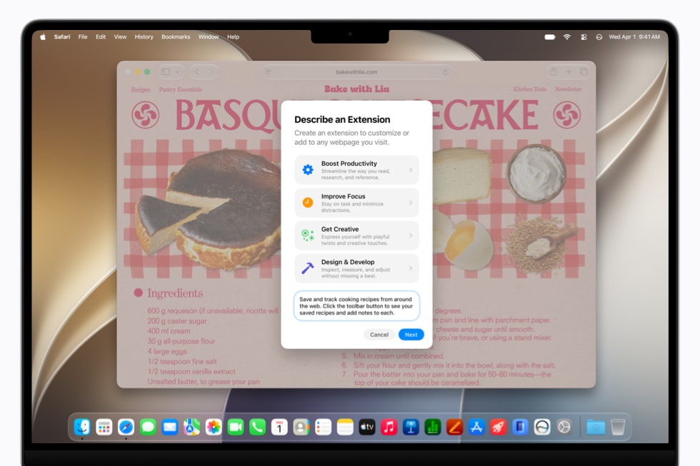 Een 14-inch MacBook Pro met een dialoogvenster in Safari voor de Create Extension-feature op een website met recepten.