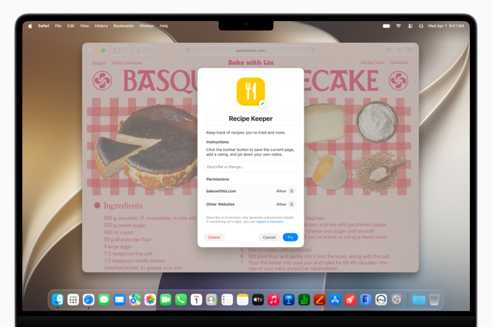 Een 14-inch MacBook Pro met een dialoogvenster in Safari voor de Recipe Keeper-extensie op een website met recepten.