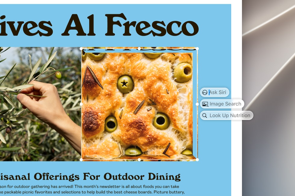 A MacBook screen showing Siri generating text for a document titled “Olives Al Fresco.”
