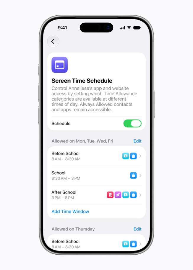 L’écran d’un iPhone 17 Pro affiche les options pour définir un Programme de temps d’écran.