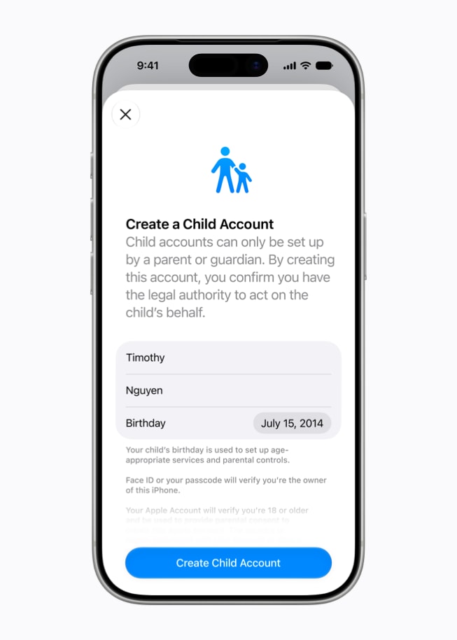 L’écran d’un iPhone 17 Pro affiche l’interface Créer un compte pour enfant, avec les champs pour le nom et la date de naissance.