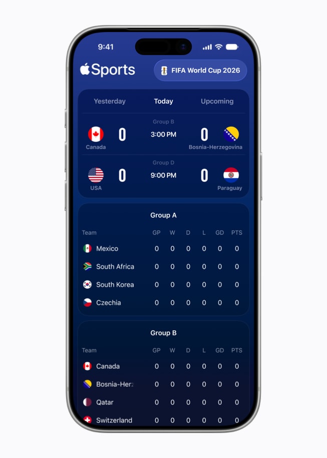 iPhone 17 Pro shows the Apple Sports app, featuring FIFA World Cup 26 matchups.