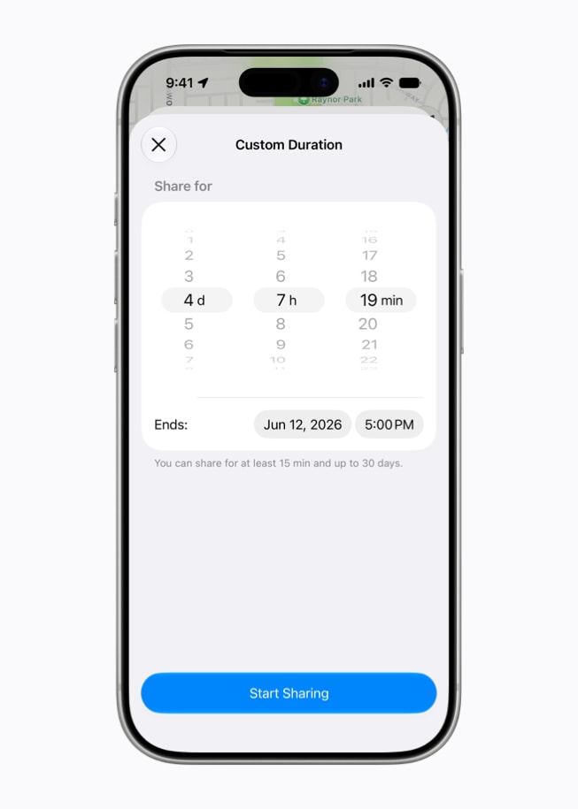 iPhone 17 Pro shows a Find My screen in which a user is setting a custom duration for four days, seven hours, and 19 minutes.