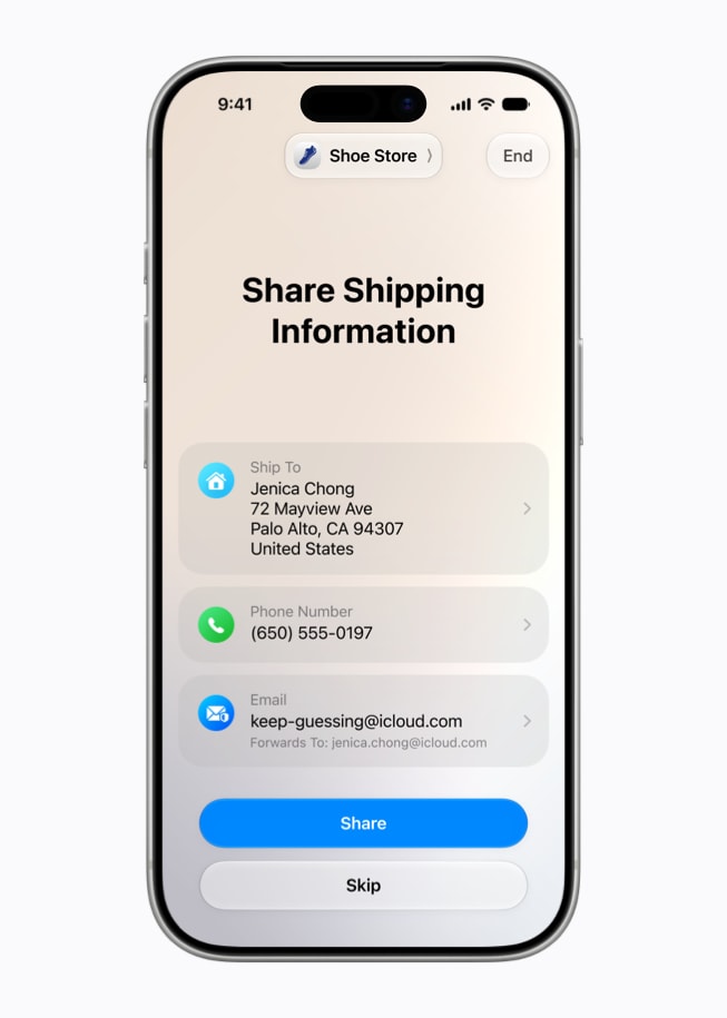 iPhone 17 Pro shows a prompt to share a user's shipping information with a shoe store.