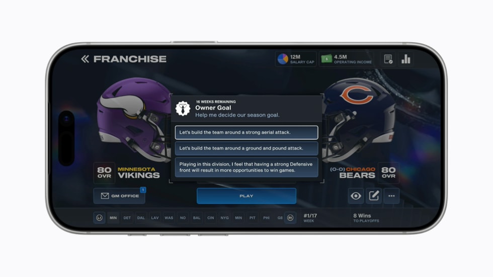 Lo schermo di iPhone 17 Pro mostra la modalità Franchise di Madden NFL 27.